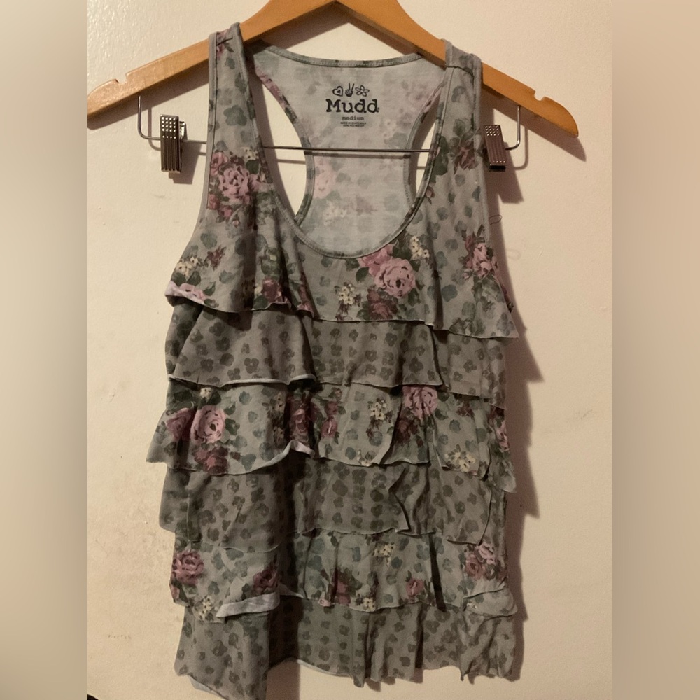 Mudd women’s Ruffle Floral Tank Top - Gray and Pink size M